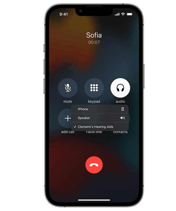 iPhone displaying a call being streamed to a user's hearing aids