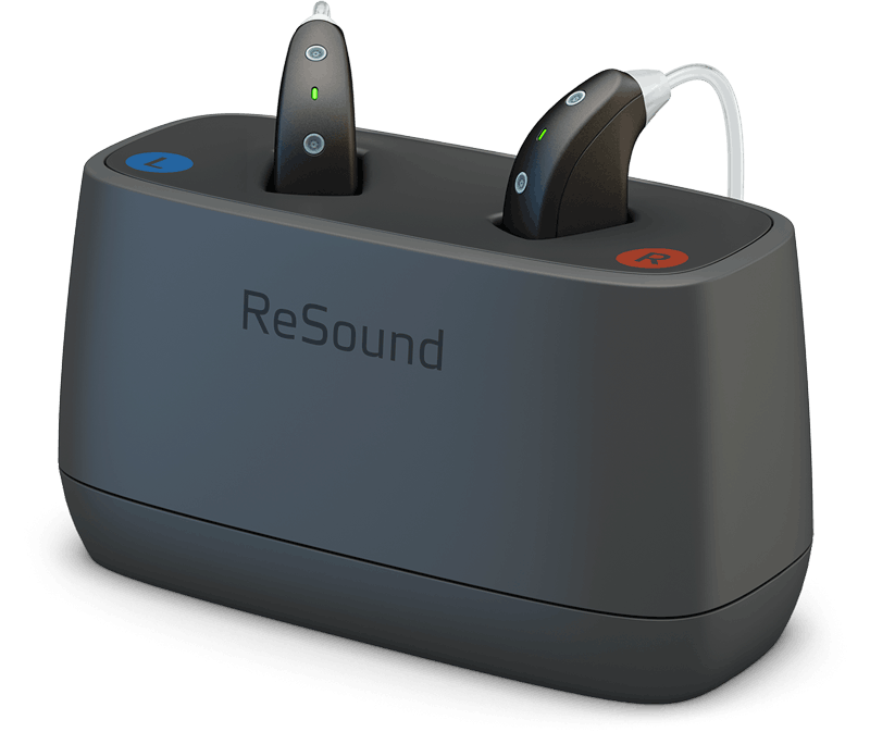 ReSound ONE BTE 77 hearing aids placed in Desktop charger